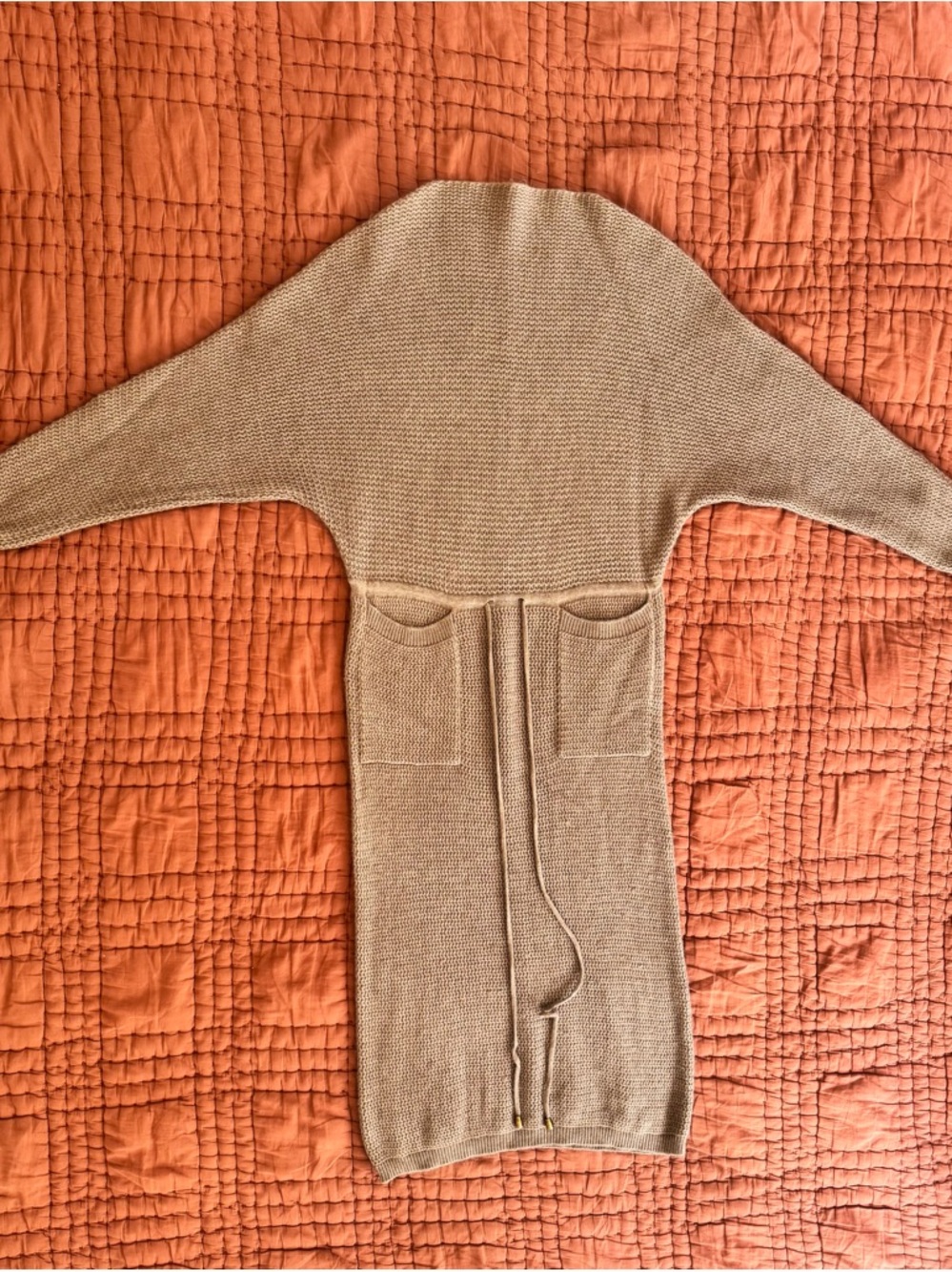 Knit Long Sleeve Belted Dress - Beige